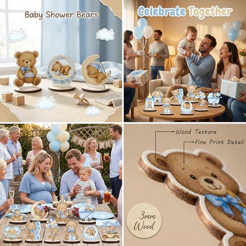 12 Pcs Wooden Baby Shower Centerpieces for Tables - Secure Fit Bear Table Decorations for Gender Reveal - Double Sided Blue Bear Table Toppers for Birthday Party Decor, Photo Props in Saudi Arabia