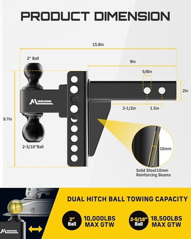 Adjustable Trailer Hitch for 2" Receiver, Heavy Duty Drop Hitch with 6" Drop/Rise, Dual Ball Mount (2" & 2-5/16"), 18,500 LBS GTW Tow Hitch, Ball Hitches with Anti-Theft Locking Pins & Keys for Trucks in Saudi Arabia