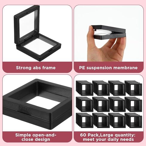 60PCS 3D Floating Frame Case, 2.8" x 2.8" x 0.8" Coin Frame Display Holder Stands, Black Antique Challenge Coin Display for Jewelry, Shells, Gems, Minerals, Rocks, Specimen and Pins in Kuwait