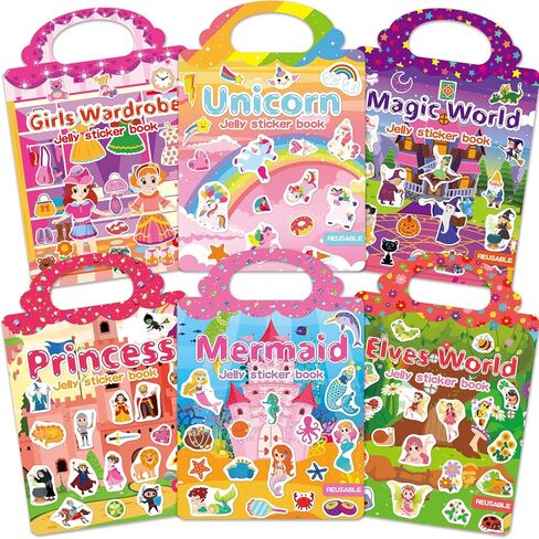 6 Sets Reusable Sticker Book for Girls 3-6, Jelly Sticker Books for Toddler, Travel Sticker Activity Toys for Kids 3 4 5 6 Years Old Girls (Girl Theme) in Saudi Arabia