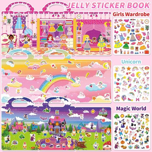 6 Sets Reusable Sticker Book for Girls 3-6, Jelly Sticker Books for Toddler, Travel Sticker Activity Toys for Kids 3 4 5 6 Years Old Girls (Girl Theme) in Saudi Arabia
