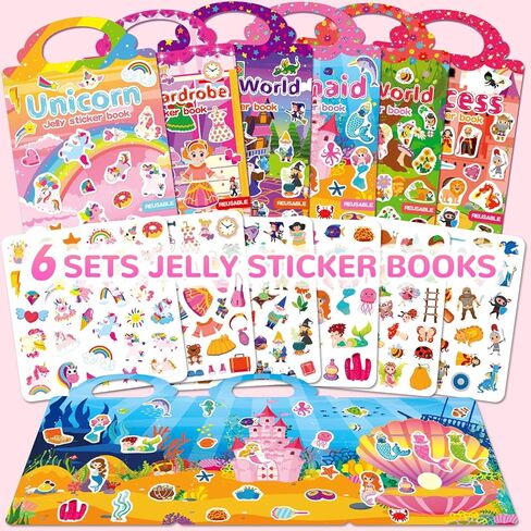 6 Sets Reusable Sticker Book for Girls 3-6, Jelly Sticker Books for Toddler, Travel Sticker Activity Toys for Kids 3 4 5 6 Years Old Girls (Girl Theme) in Saudi Arabia