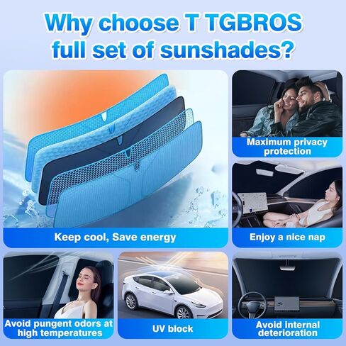 T TGBROS لظلال نافذة Tesla Model Y Juniper 2025-2026، مجموعة كاملة من مظلات الشمس الخلفية الجانبية للزجاج الأمامي مع أكواب شفط مطورة، ملاءمة آمنة للنوافذ بدون إطار وغطاء خصوصية تعتيم 8 قطع in Kuwait