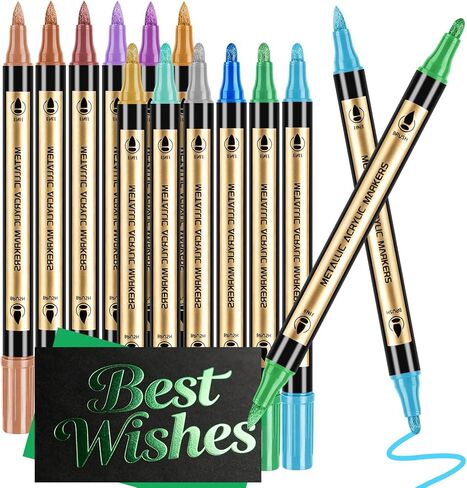 Metallic Marker Pens, 12 Colors Dual Tip Acrylic Paint Pens for Black Paper, Rock Painting, Scrapbooking, Photo Album, DIY Arts & Crafts, Glass, Wood, Card Making, Scrapbook Supplies Kit in Saudi Arabia