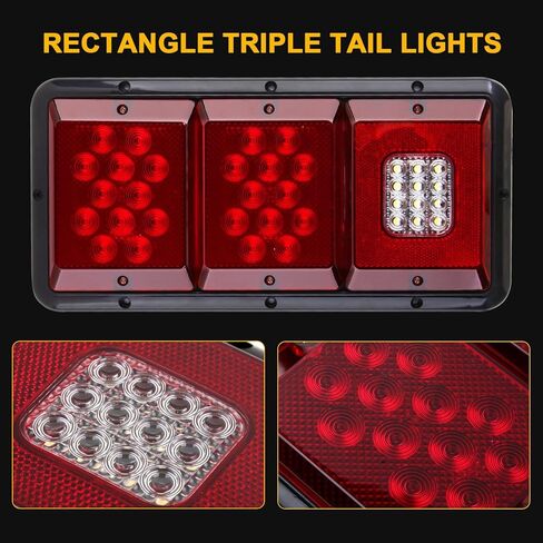 Konrali 2 قطعة مصابيح LED ثلاثية الذيل 36 LED، مستطيلة LED للمقطورة RV أضواء خلفية للبيت متنقل وإيقاف الدوران الخلفي الخلفي ومصابيح خلفية قاعدة سوداء مع حشية تثبيت أفقي - عدسة حمراء/شفافة in Kuwait