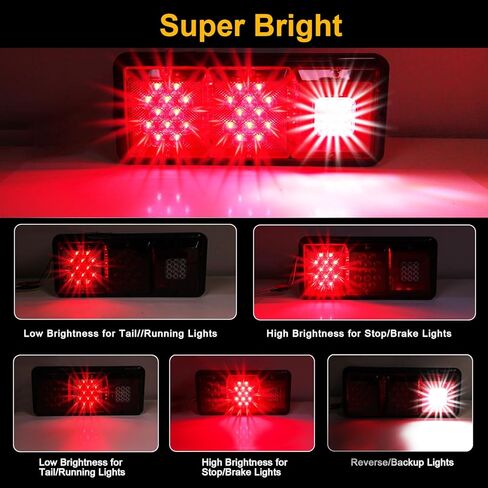 Konrali 2 قطعة مصابيح LED ثلاثية الذيل 36 LED، مستطيلة LED للمقطورة RV أضواء خلفية للبيت متنقل وإيقاف الدوران الخلفي الخلفي ومصابيح خلفية قاعدة سوداء مع حشية تثبيت أفقي - عدسة حمراء/شفافة in Kuwait
