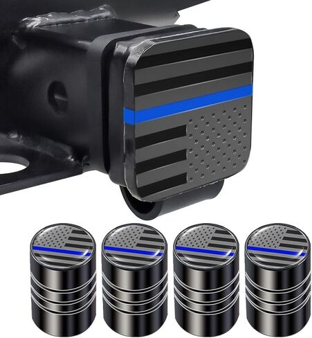 Thin Blue Line American Flag Trailer Hitch Cover (1-Pack) & 4-Pack Valve Stem Caps – Durable Protector for Cars, SUVs, Pickup Trucks, Honors Police and Law Enforcement in Saudi Arabia