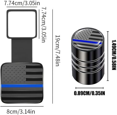 Thin Blue Line American Flag Trailer Hitch Cover (1-Pack) & 4-Pack Valve Stem Caps – Durable Protector for Cars, SUVs, Pickup Trucks, Honors Police and Law Enforcement in Saudi Arabia
