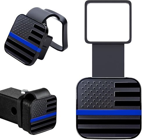 Thin Blue Line American Flag Trailer Hitch Cover (1-Pack) & 4-Pack Valve Stem Caps – Durable Protector for Cars, SUVs, Pickup Trucks, Honors Police and Law Enforcement in Saudi Arabia