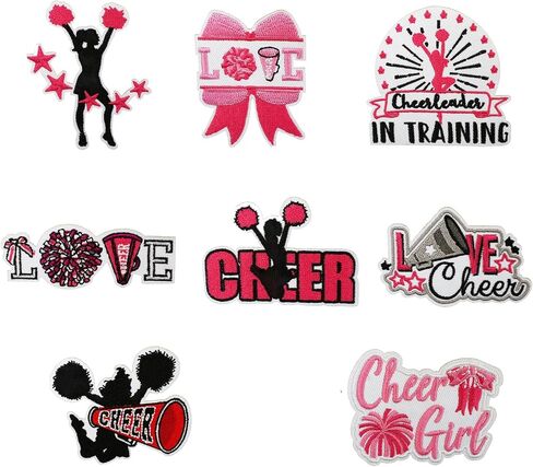 8Pcs Cheerleader Embroidered Applique Patches Iron On Patches Pink and Black Patches for Clothing Jeans Jacket DIY Craft Accessories (8 Pcs Cheerleader Patches Set) in Saudi Arabia