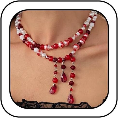 Vintage Gothic Pearl Blood Drip Choker Necklace for Women, Layered Black Beaded Red Crystal Tassel Drop Necklace Retro Halloween Party Jewelry Gift Accessories in Saudi Arabia