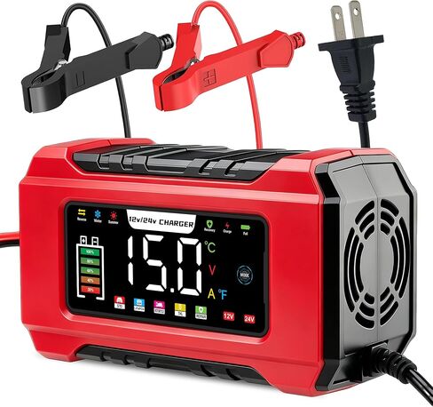 15-Amp Battery Charger, 12V/24V Smart Trickle Charger with 9 Stage, Car Battery Maintainer & Desulfator, Temperature Compensation for Car, Truck, Motorcycle, Boat, LiFePO4, Lead Acid (Red) in Saudi Arabia
