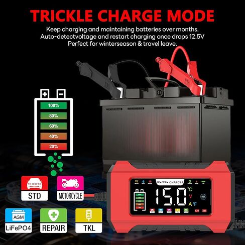 15-Amp Battery Charger, 12V/24V Smart Trickle Charger with 9 Stage, Car Battery Maintainer & Desulfator, Temperature Compensation for Car, Truck, Motorcycle, Boat, LiFePO4, Lead Acid (Red) in Saudi Arabia