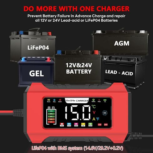 15-Amp Battery Charger, 12V/24V Smart Trickle Charger with 9 Stage, Car Battery Maintainer & Desulfator, Temperature Compensation for Car, Truck, Motorcycle, Boat, LiFePO4, Lead Acid (Red) in Saudi Arabia