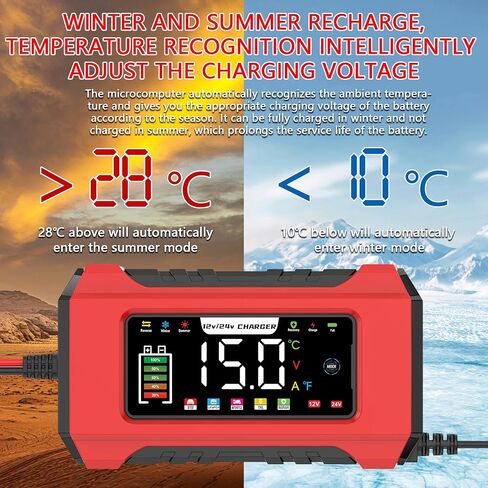 15-Amp Battery Charger, 12V/24V Smart Trickle Charger with 9 Stage, Car Battery Maintainer & Desulfator, Temperature Compensation for Car, Truck, Motorcycle, Boat, LiFePO4, Lead Acid (Red) in Saudi Arabia