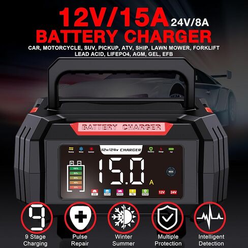 Battery Charger 15A 12V/24V, Smart Trickle Charger & Battery Maintainer for Lead Acid, EFB, AGM, Gel, VRLA, LiFePO4 Batteries with Memory Function, Temperature Compensation & Pulse Repair (Red) in Saudi Arabia