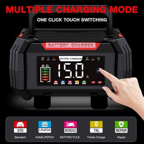 Battery Charger 15A 12V/24V, Smart Trickle Charger & Battery Maintainer for Lead Acid, EFB, AGM, Gel, VRLA, LiFePO4 Batteries with Memory Function, Temperature Compensation & Pulse Repair (Red) in Saudi Arabia