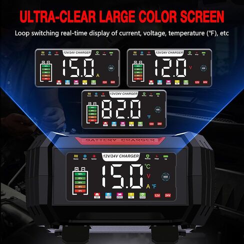 Battery Charger 15A 12V/24V, Smart Trickle Charger & Battery Maintainer for Lead Acid, EFB, AGM, Gel, VRLA, LiFePO4 Batteries with Memory Function, Temperature Compensation & Pulse Repair (Red) in Saudi Arabia