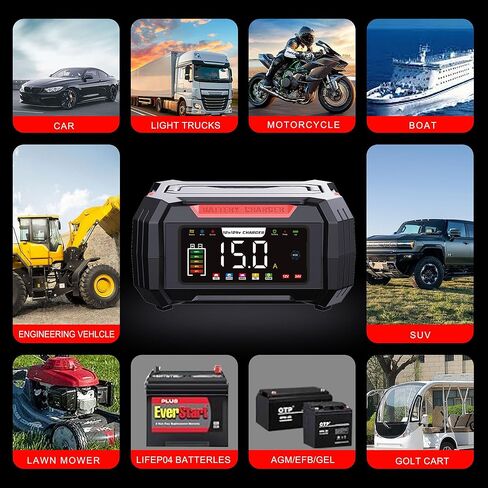 Battery Charger 15A 12V/24V, Smart Trickle Charger & Battery Maintainer for Lead Acid, EFB, AGM, Gel, VRLA, LiFePO4 Batteries with Memory Function, Temperature Compensation & Pulse Repair (Red) in Saudi Arabia