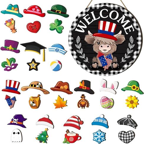 Vicenpal 35 Pcs Interchangeable Highlands Cow Welcome Sign Hanging Seasonal Cow Head Wooden Front Door Decor with 17 Interchangeable Hat 17 Magnet Swappable Pieces for Farmhouse Holiday(Black) in Saudi Arabia