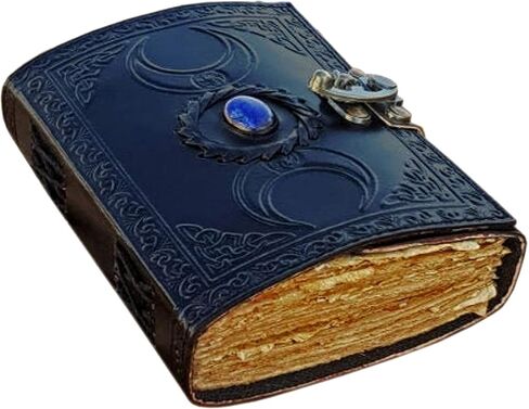 Vintage Leather Journal Semi Precious Celtic Witch Stone Triple Moon Design-Lock Closure, 200 Antique Deckle Edge Paper Blank Spell Book of Shadows Leather Bound Embossed Notebook, Grimoire Journal, Witch Journal for Men , Witchy Gifts Pagan Wiccan Decor  in Saudi Arabia