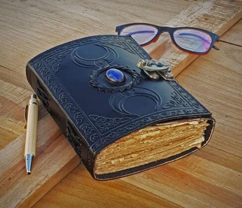 Vintage Leather Journal Semi Precious Celtic Witch Stone Triple Moon Design-Lock Closure, 200 Antique Deckle Edge Paper Blank Spell Book of Shadows Leather Bound Embossed Notebook, Grimoire Journal, Witch Journal for Men , Witchy Gifts Pagan Wiccan Decor  in Saudi Arabia
