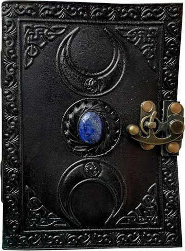 Vintage Leather Journal Semi Precious Celtic Witch Stone Triple Moon Design-Lock Closure, 200 Antique Deckle Edge Paper Blank Spell Book of Shadows Leather Bound Embossed Notebook, Grimoire Journal, Witch Journal for Men , Witchy Gifts Pagan Wiccan Decor  in Saudi Arabia