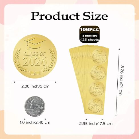 100Pcs Class of 2026 Stickers, 2" Gold Foil Embossed Graduation Stickers for Envelopes, Transparent Congrats Grad Stickers for School Invitation Labels Grad Party Favors in Saudi Arabia