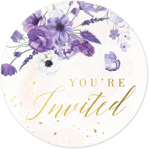 ملصقات Mobiusea Creation Purple Floral You're Invited - ملصقات مغلف زفاف مقاس 1.4 × 1.4 بوصة مع نص رقائق ذهبية - ملصق ختم مغلف أنيق للخطوبة، وحفلات الزفاف، وحفلات استقبال الأطفال in Kuwait