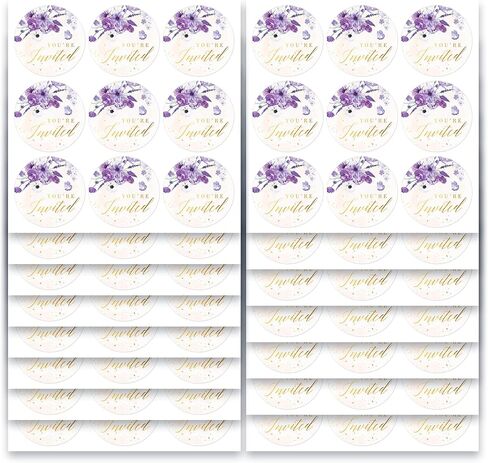 ملصقات Mobiusea Creation Purple Floral You're Invited - ملصقات مغلف زفاف مقاس 1.4 × 1.4 بوصة مع نص رقائق ذهبية - ملصق ختم مغلف أنيق للخطوبة، وحفلات الزفاف، وحفلات استقبال الأطفال in Kuwait