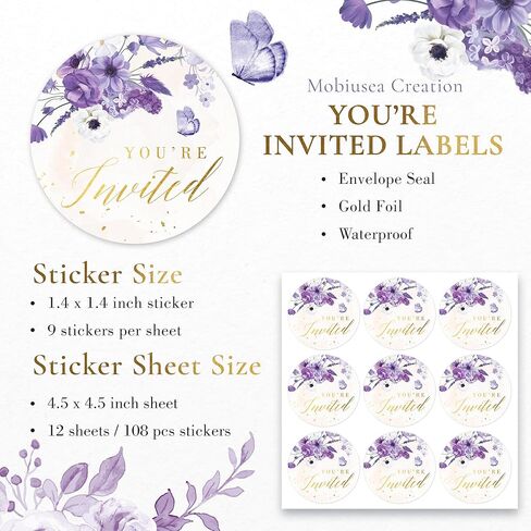ملصقات Mobiusea Creation Purple Floral You're Invited - ملصقات مغلف زفاف مقاس 1.4 × 1.4 بوصة مع نص رقائق ذهبية - ملصق ختم مغلف أنيق للخطوبة، وحفلات الزفاف، وحفلات استقبال الأطفال in Kuwait