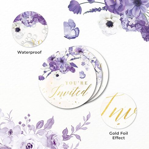 ملصقات Mobiusea Creation Purple Floral You're Invited - ملصقات مغلف زفاف مقاس 1.4 × 1.4 بوصة مع نص رقائق ذهبية - ملصق ختم مغلف أنيق للخطوبة، وحفلات الزفاف، وحفلات استقبال الأطفال in Kuwait