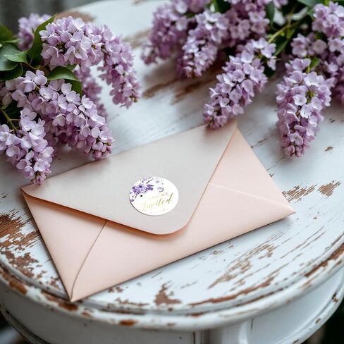 ملصقات Mobiusea Creation Purple Floral You're Invited - ملصقات مغلف زفاف مقاس 1.4 × 1.4 بوصة مع نص رقائق ذهبية - ملصق ختم مغلف أنيق للخطوبة، وحفلات الزفاف، وحفلات استقبال الأطفال in Kuwait