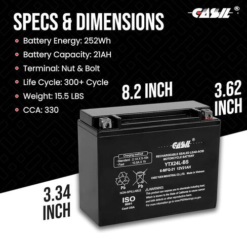 بطارية Casil Powersports YTX24HL-BS 12V 21Ah 330CCA AGM بطارية بديلة قابلة لإعادة الشحن للقطط القطبية الشمالية، BRP، Yamaha، عربات الثلوج، الدراجات النارية، ATVs، UTVs in Kuwait