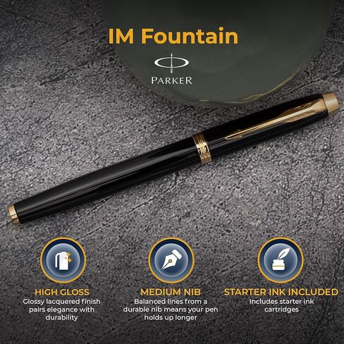 Parker IM Engraved Fountain Pen, Black Lacquer with Gold Trim, Stainless Steel Medium Nib, Personalized Gift for Graduation, Retirement, Career Advancement, Bar Passage, Parker Gift Box Included in Saudi Arabia