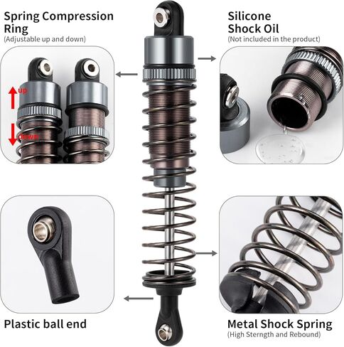 Que-T 4pcs RC Shocks Metal Suspension Shock Dampers 70mm Front Shock 95mm Rear Shock Absorber for 1/10 Tamiya TT02B RC Car (Titanium) in Kuwait