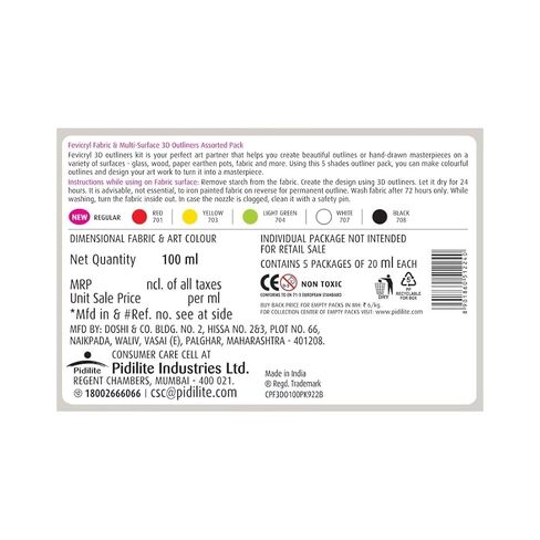 Fevicryl 3D Outliners Regular Kit 20ml x 5 | Fabric and Multi-Surface 3D Outliners Assorted Pack, Multi Colour | DIY Art & Craft | Ideal for Artists, Gifting in Saudi Arabia