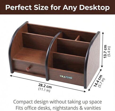 Wooden Desk Organizer with Drawer, Multi-Compartment Desktop Storage for Office Supplies, Remote Control, Phone, Makeup & Accessories in Saudi Arabia