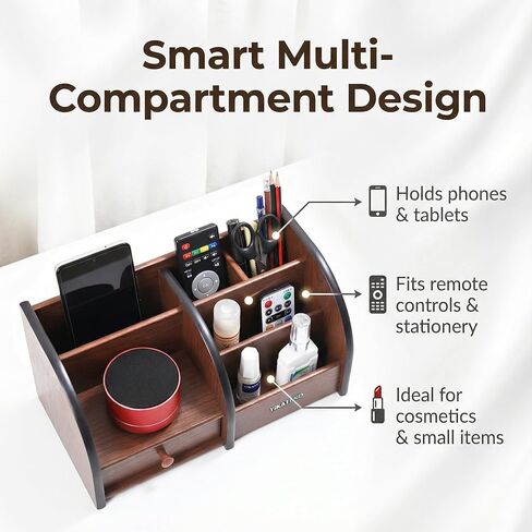 Wooden Desk Organizer with Drawer, Multi-Compartment Desktop Storage for Office Supplies, Remote Control, Phone, Makeup & Accessories in Saudi Arabia