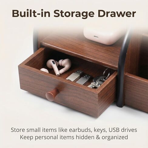 Wooden Desk Organizer with Drawer, Multi-Compartment Desktop Storage for Office Supplies, Remote Control, Phone, Makeup & Accessories in Saudi Arabia