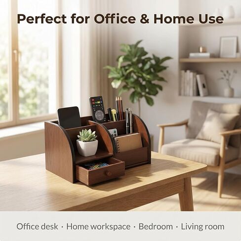 Wooden Desk Organizer with Drawer, Multi-Compartment Desktop Storage for Office Supplies, Remote Control, Phone, Makeup & Accessories in Saudi Arabia