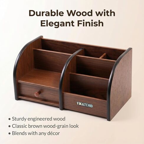 Wooden Desk Organizer with Drawer, Multi-Compartment Desktop Storage for Office Supplies, Remote Control, Phone, Makeup & Accessories in Saudi Arabia