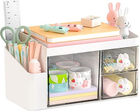 SAYEEC Desk Organizer with 3 Drawers and Pencil Pen holder, Multi-Functional Desktop Makeup Stationery Accessories Organizer, Desk Organization Storage Box Caddy for Office School Home Vanity Table in Kuwait