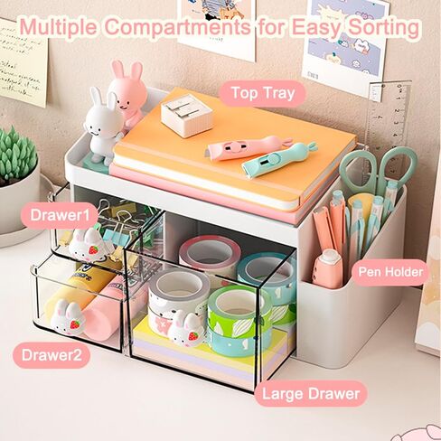 SAYEEC Desk Organizer with 3 Drawers and Pencil Pen holder, Multi-Functional Desktop Makeup Stationery Accessories Organizer, Desk Organization Storage Box Caddy for Office School Home Vanity Table in Kuwait