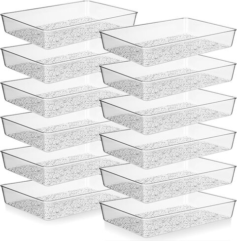 12 Pcs Plastic Drawer Organizer Trays, 12" x 8", Acrylic Organizers with Pebble-textured Clear Desk Storage Tray for Makeup, Jewelries, Kitchen Utensils, Bathroom and Office in Kuwait