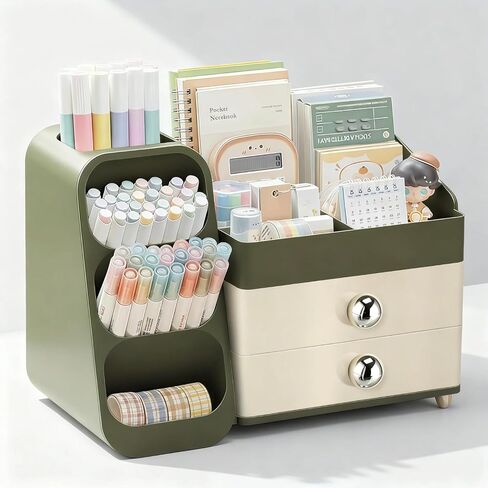 Desk Organizer with Pen Pencil Holder, Pen Organizer with 2 Drawers & 4 Compartments, Desktop Organizers and Storage for Office Home School Art Supplies (Green) in Saudi Arabia