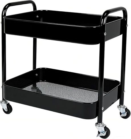 2 Tier Rolling Utility Cart with Wheels, Under Desk Storage Organizer for Pantry Kitchen Laundry, Heavy Duty Metal Rolling Cart with 4 Hooks, Slim Narrow Cart for Small Space (Black, 2-Tier) in Saudi Arabia