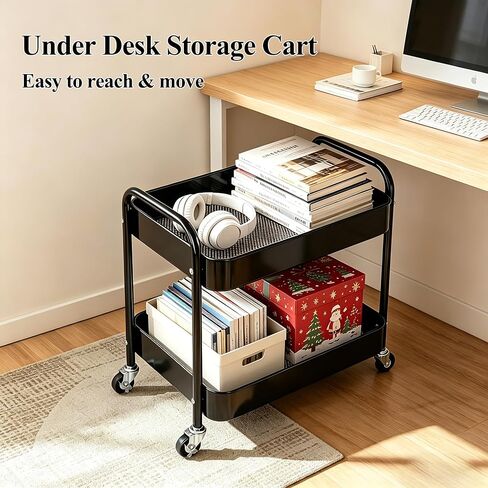 2 Tier Rolling Utility Cart with Wheels, Under Desk Storage Organizer for Pantry Kitchen Laundry, Heavy Duty Metal Rolling Cart with 4 Hooks, Slim Narrow Cart for Small Space (Black, 2-Tier) in Saudi Arabia