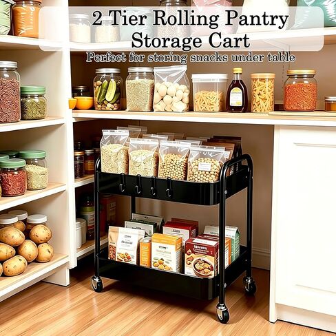 2 Tier Rolling Utility Cart with Wheels, Under Desk Storage Organizer for Pantry Kitchen Laundry, Heavy Duty Metal Rolling Cart with 4 Hooks, Slim Narrow Cart for Small Space (Black, 2-Tier) in Saudi Arabia