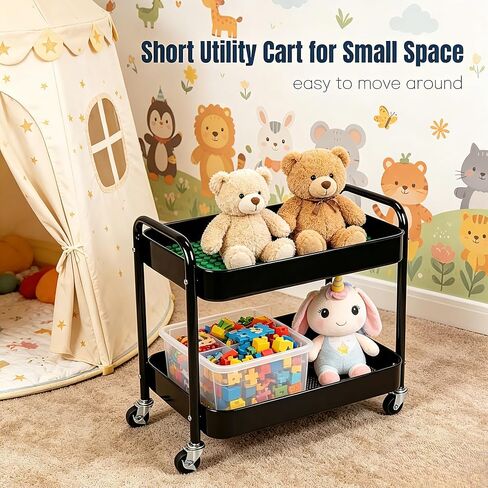 2 Tier Rolling Utility Cart with Wheels, Under Desk Storage Organizer for Pantry Kitchen Laundry, Heavy Duty Metal Rolling Cart with 4 Hooks, Slim Narrow Cart for Small Space (Black, 2-Tier) in Saudi Arabia